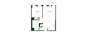 A floor plan of a room with a terrace, bedroom, and living/dining area.