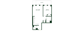A floor plan of a balcony with a living/dining area and a bedroom.