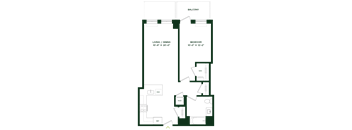 A floor plan of a balcony, living/dining area, and bedroom with labeled rooms and appliances.