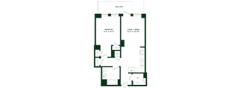 A floor plan of a balcony with a bedroom and living/dining area.