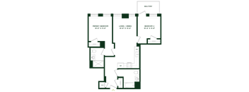 A floor plan of an apartment with a balcony, primary bedroom, living/dining area, and two bedrooms.