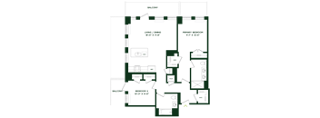 A floor plan of a house with a living room, dining room, two bedrooms, and a balcony.