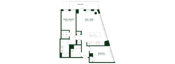 A floor plan of a balcony with three bedrooms and a living/dining area.