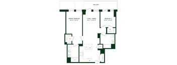 A floor plan of a house with a balcony, two bedrooms, a living/dining area, and a kitchen.