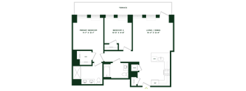 A floor plan of a house with a primary bedroom, a second bedroom, and a living/dining area.
