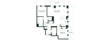 A floor plan of a house with a balcony, two bedrooms, and a living/dining area.