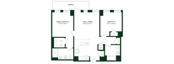 A floor plan of a house with a primary bedroom, a living/dining area, and a second bedroom.
