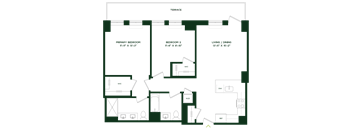 A floor plan of a house with three bedrooms and a living/dining area.