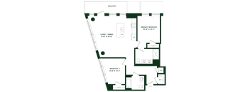 A floor plan of a balcony with a living/dining area and two bedrooms.