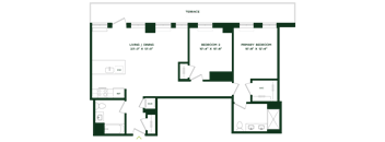 A floor plan of a house with a living room, dining room, two bedrooms, and a workspace.