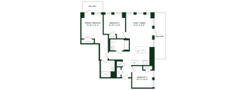 A floor plan of a house with three bedrooms and a living/dining area.
