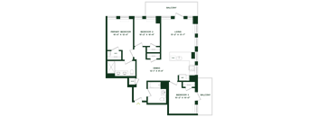 A floor plan of a house with three bedrooms, a living room, a dining room, a kitchen, a bathroom, and a balcony.