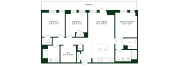 A floor plan of a house with four bedrooms and a den.