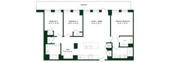 A floor plan of a house with three bedrooms and a living area.