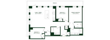 A floor plan of a house with three bedrooms and a living/dining area.