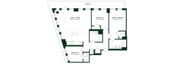 A floor plan of a house with a living room, dining room, and three bedrooms.