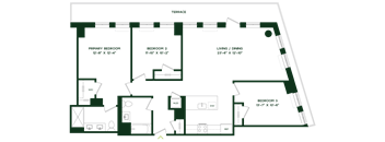 A floor plan of a house with three bedrooms and a living/dining area.