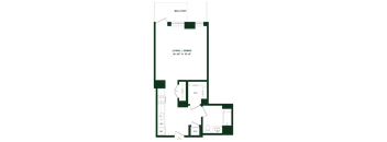 A floor plan of a living and dining area with a balcony.