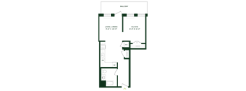 A floor plan of a balcony, living/dining area, and alcove with dimensions.