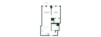 A floor plan of a house with a balcony, living/dining area, and bedroom.