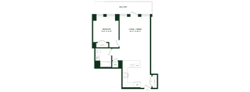 A floor plan of a balcony with a bedroom and a living/dining area.