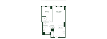 A floor plan of a balcony with a bedroom and a living/dining room.