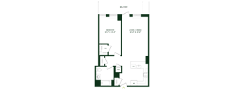 A floor plan of a balcony with a bedroom, living/dining area, and a kitchen.