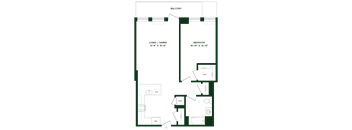 A floor plan of a balcony, living/dining area, and bedroom with their respective dimensions.