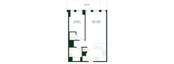 A floor plan of a balcony with a bedroom and a living/dining area.