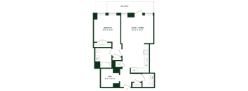 A floor plan of a bachelor apartment with a bedroom, living/dining area, and den.