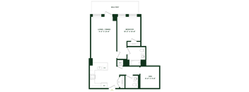 A floor plan of a balcony with a living/dining area, two bedrooms, a den, and a workspace.