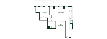A floor plan of a home with a living room, dining room, bedroom, and den.