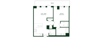 A floor plan of a house with a living room, dining room, and bedroom.