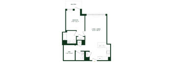 A floor plan of a house with a balcony, bedroom, living/dining area, and den.
