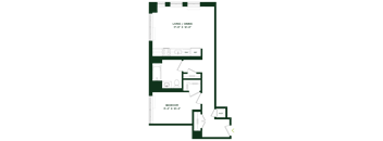 A floor plan of a room with a living/dining area and a bedroom.
