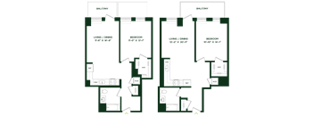 A floor plan of a two-bedroom apartment with a living room, dining room, and kitchen.