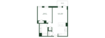 A floor plan of a room with a bedroom, living/dining area, and a terrace.
