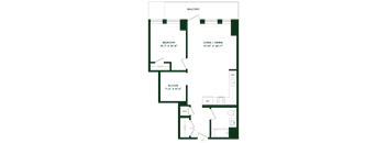 A floor plan of a house with a balcony, bedroom, living/dining area, alcove, and a workspace.