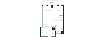 A floor plan of a balcony with a living/dining area and a bedroom.