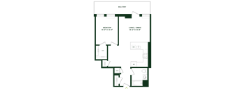 A floor plan of a balcony with a bedroom, living/dining area, and a WC.