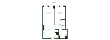 A floor plan of a house with a balcony, living/dining area, and two bedrooms.