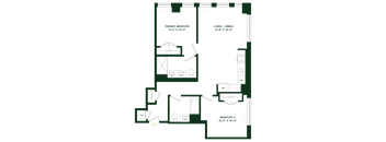 A floor plan of a home with a primary bedroom, a living/dining area, and two additional bedrooms.