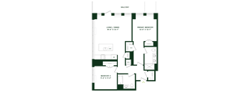 A floor plan of a balcony with a living and dining area, a primary bedroom, and a second bedroom.