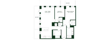A floor plan of a balcony layout with a living/dining area, two bedrooms, and a primary bedroom.
