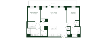 A floor plan of a house with three bedrooms and a living area.