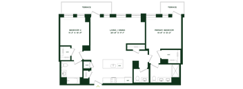 A floor plan of a house with three bedrooms and a living area.