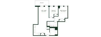 A floor plan of a balcony with three bedrooms and a living/dining area.