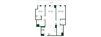 A floor plan of a building with three bedrooms and a living/dining area.