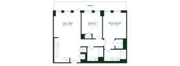 A floor plan of a house with a living/dining area, two bedrooms, and a bathroom.