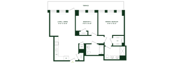 A floor plan of a house with three bedrooms and a living/dining area.